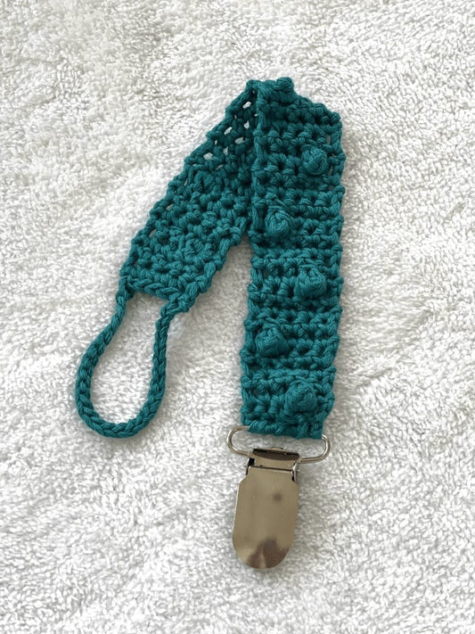 Crochet pacifier clip - peacock dots Babalu boutique