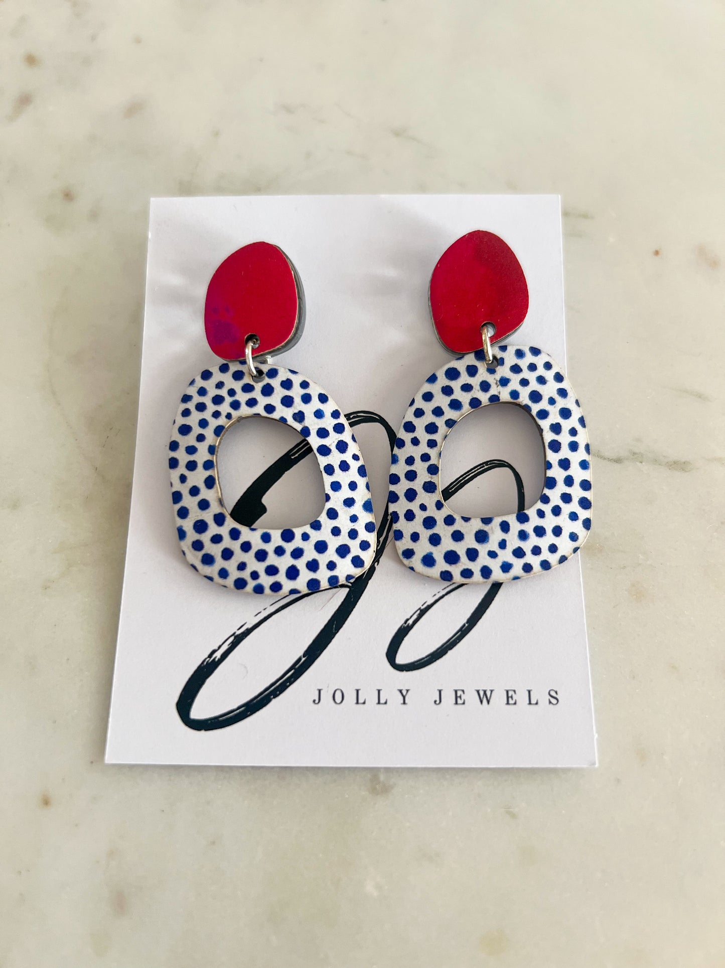 Geo earrings- Navy dots